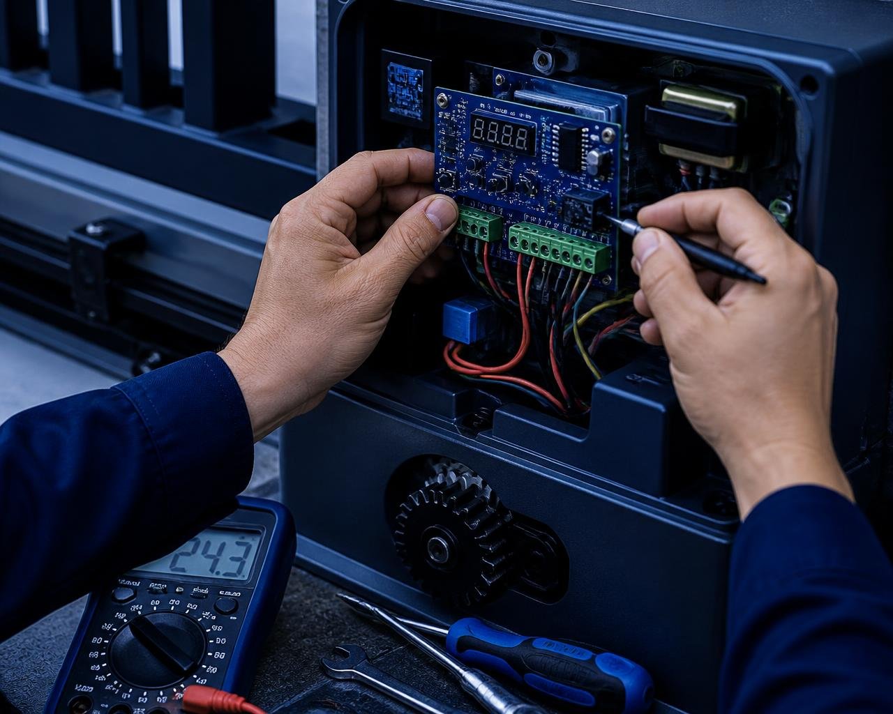 Técnico da GM reparando a central eletrônica de um motor de portão automático