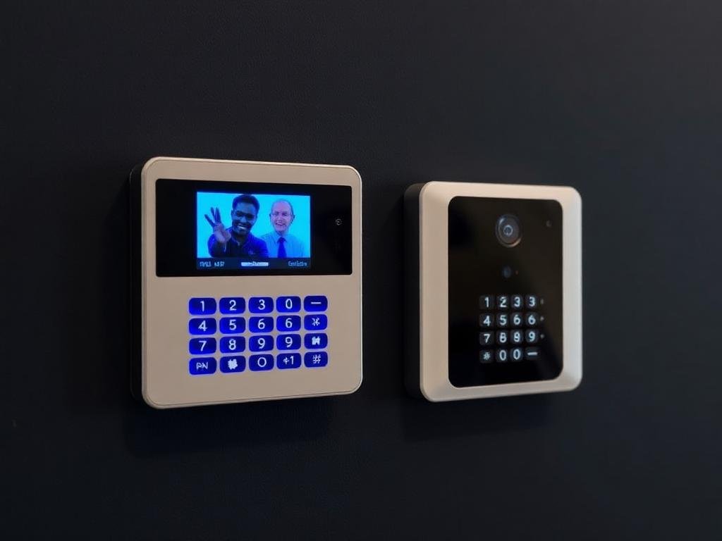 Videoporteiro e teclado de alarme instalados na parede
