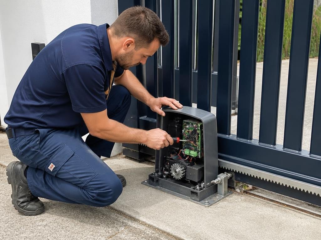Técnico realizando manutenção em motor de portão automático